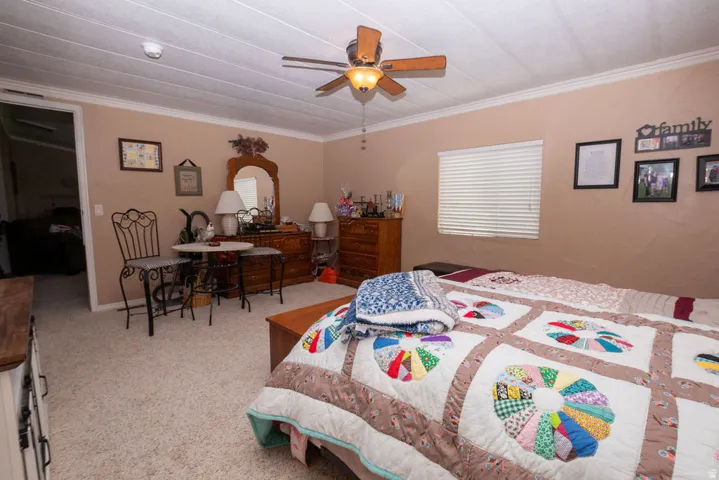 Carpeted interior space featuring a ceiling fan with light fixture, a window with horizontal blinds, and a built-in closet visible through the doorway