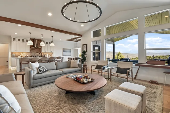 Vaulted ceiling with exposed wood beams