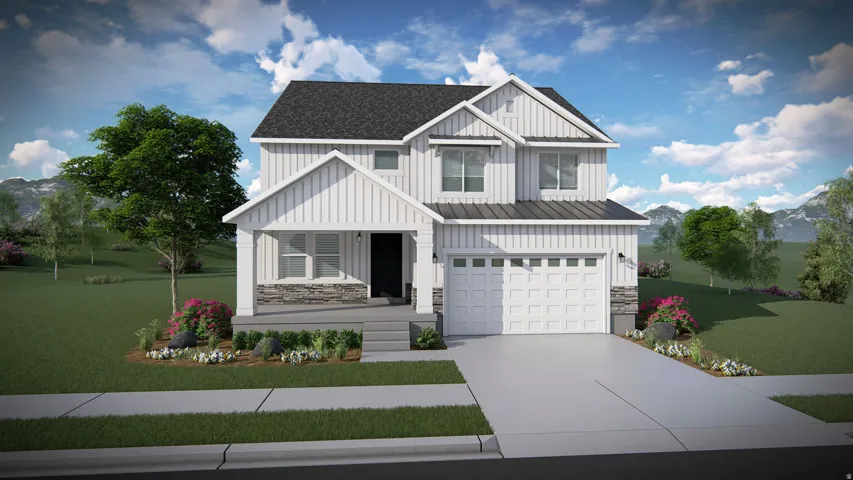 Two-story residence featuring white vertical siding and stone accents
