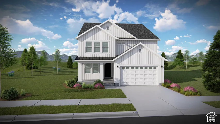 Two-story residence featuring white board and batten siding, a dark shingle roof, and an attached two-car garage