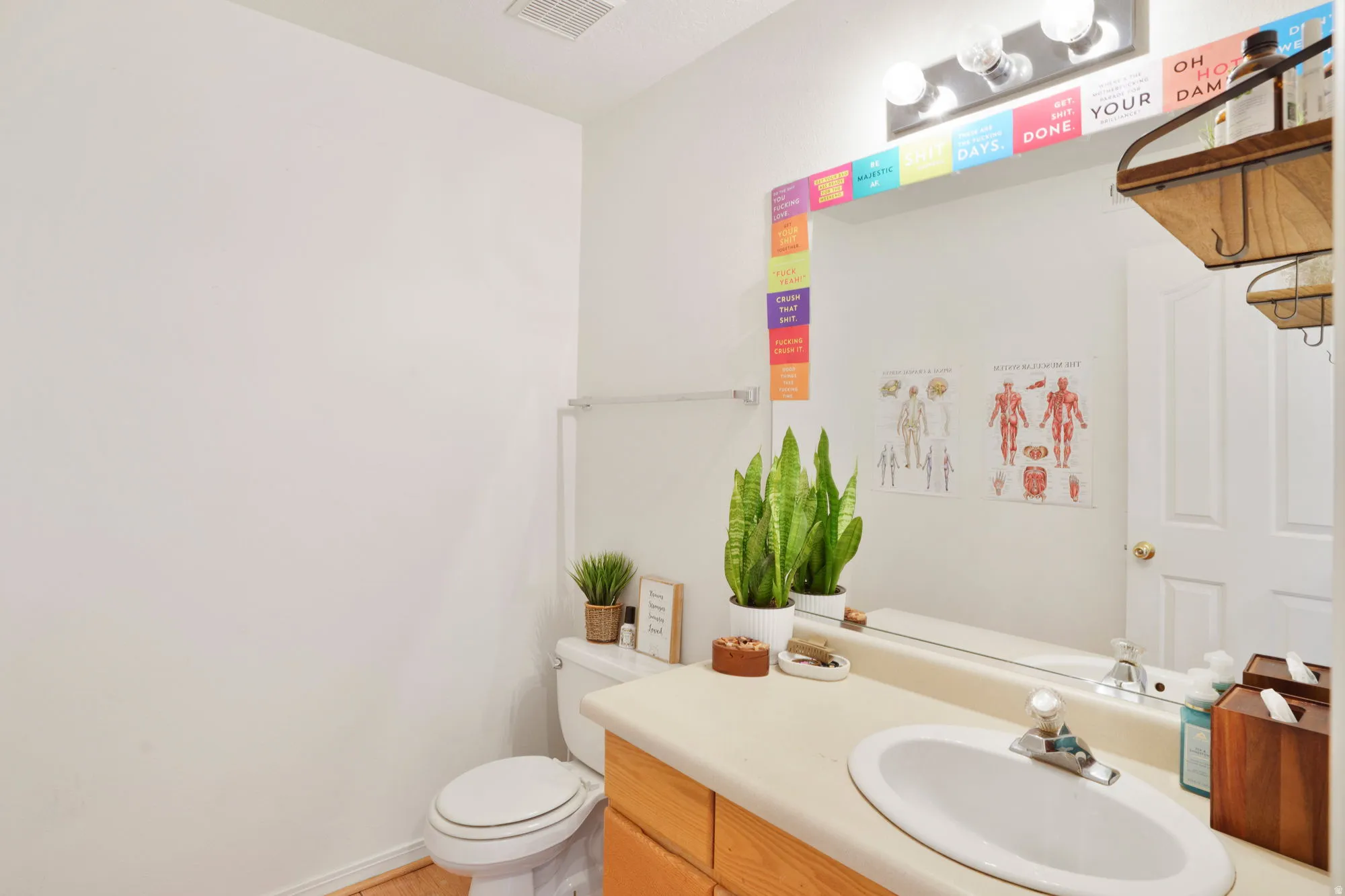 Bathroom featuring a light wood-finish vanity with a single basin sink and a neutral countertop