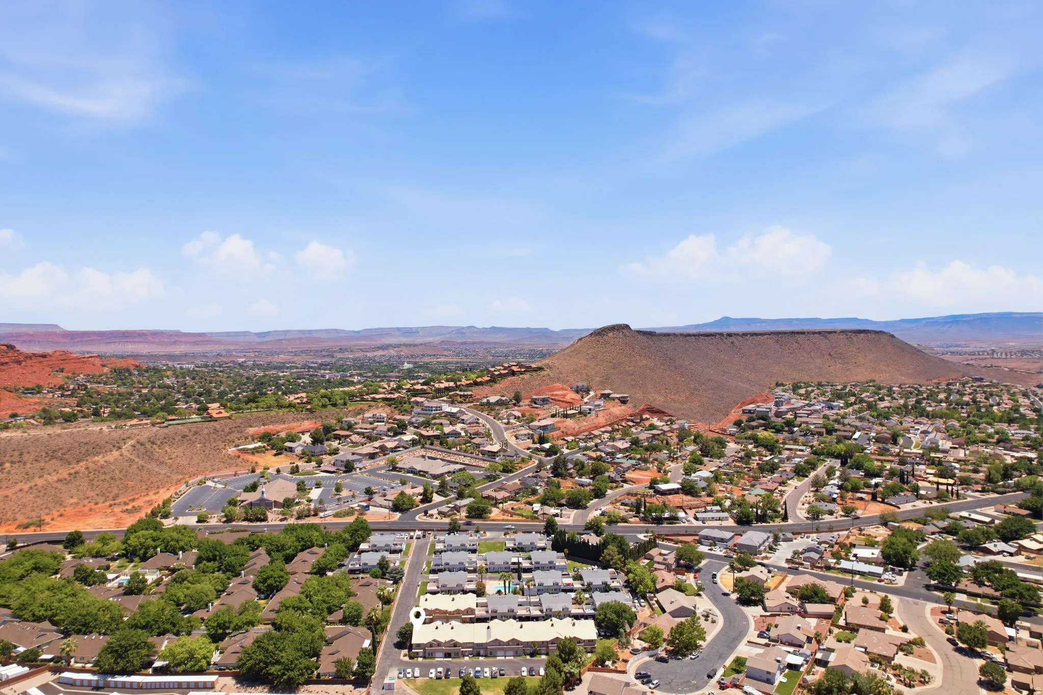 Aerial perspective showcasing a residential community with varied architectural styles