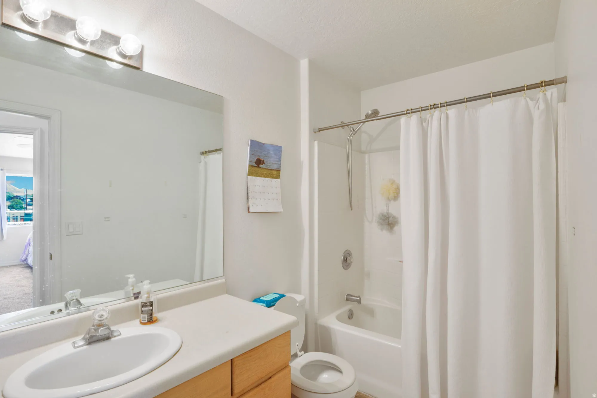 Full bathroom featuring a white tub/shower combination with a curved shower rod, a single-sink vanity with light wood-finish cabinetry, a large wall-mounted mirror, and a three-bulb vanity light fixture