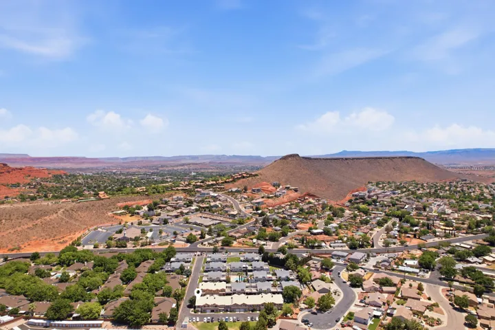Aerial perspective showcasing a residential community with varied architectural styles