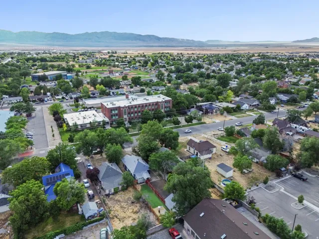 Aerial perspective showcasing a sprawling neighborhood with mature trees and a distant mountain range