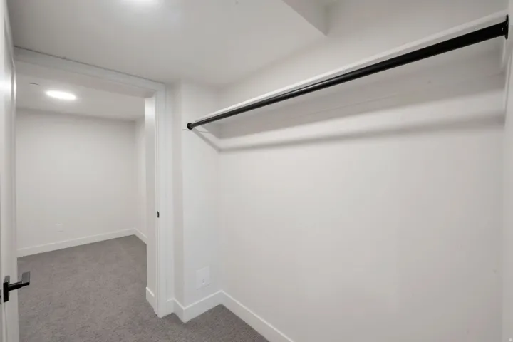 Interior closet space featuring a black hanging rod, white walls, and a light gray carpeted floor extending into an adjacent room with a recessed ceiling light