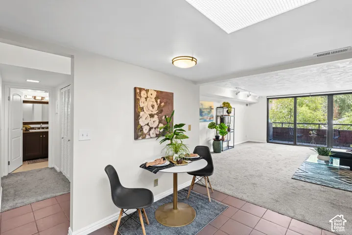 Living area featuring a large glass slider to an exterior balcony, light-colored carpeting, and track lighting