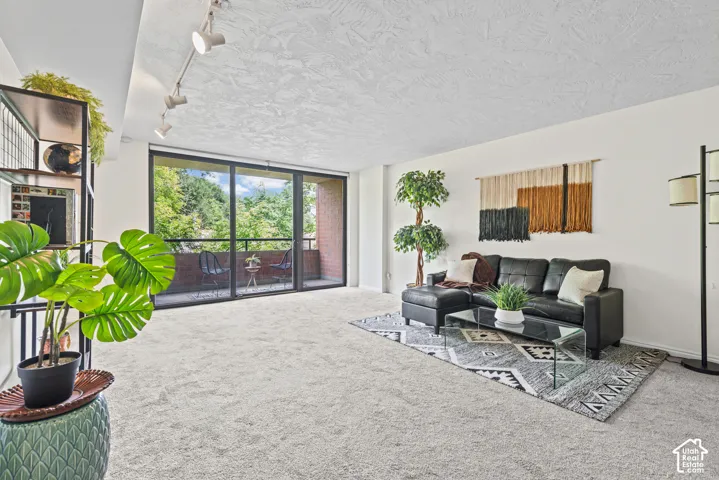 Spacious living area featuring light-colored carpeting and a full-width sliding glass door leading to a private balcony