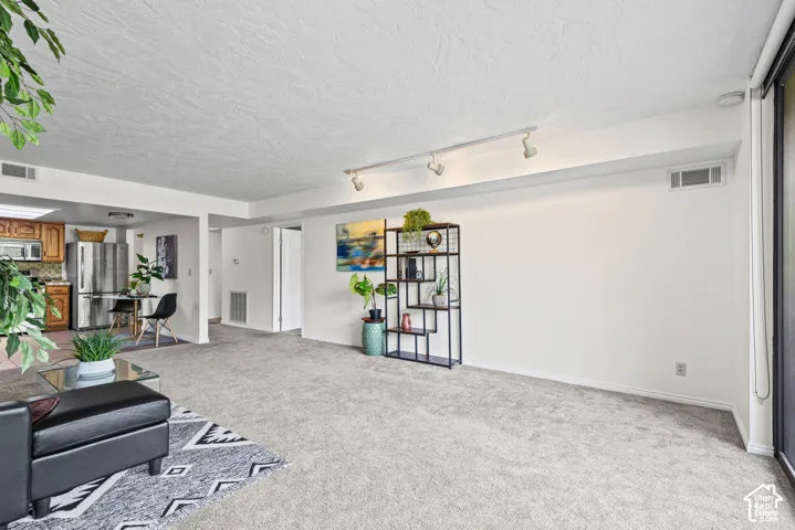 Spacious living area featuring light gray carpeting, track lighting, and a large sliding glass door