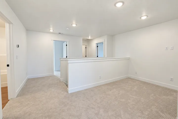Recessed ceiling lighting, light-toned carpeting, white walls, and white trim