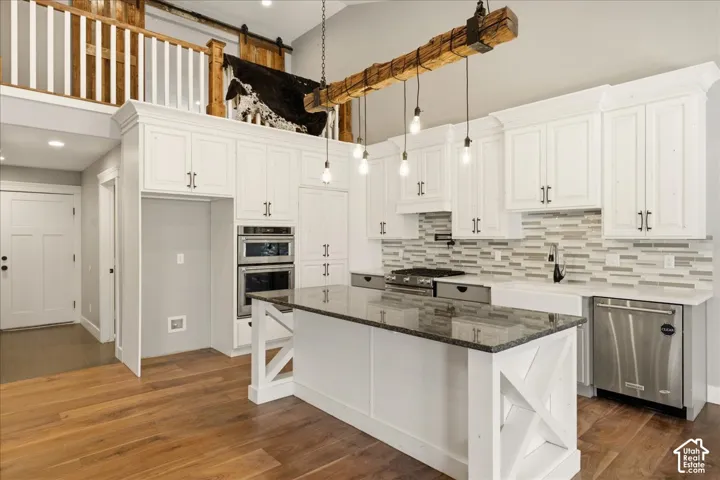 Spacious kitchen featuring white cabinetry, a large kitchen island with a dark countertop, stainless steel appliances, and wood-finish flooring
