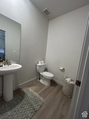 Pedestal sink with a polished chrome faucet, rectangular mirror, wood-finish flooring, and light gray walls
