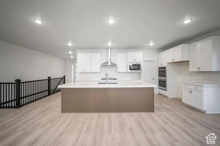 Kitchen featuring a large central island with an undermount sink, light wood-finish flooring, white cabinetry, stainless steel appliances, and recessed lighting