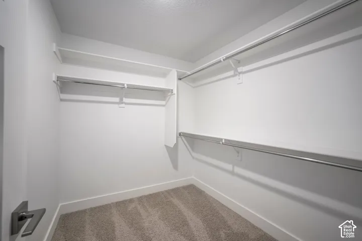 Walk-in closet featuring white walls, white shelving, metal hanging rods, and neutral-toned carpet flooring