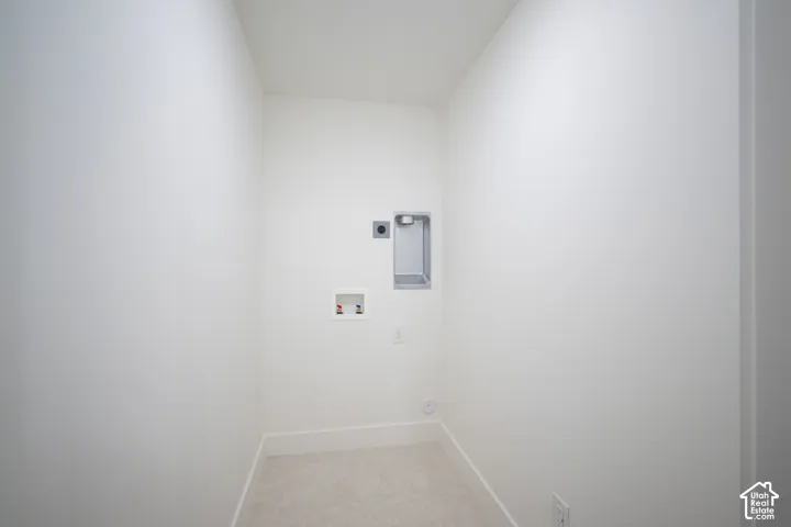 Dedicated utility space featuring light-toned carpeting, white walls, and a ceiling-mounted light fixture