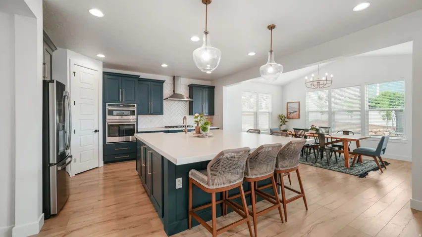 Expansive kitchen island with white countertop