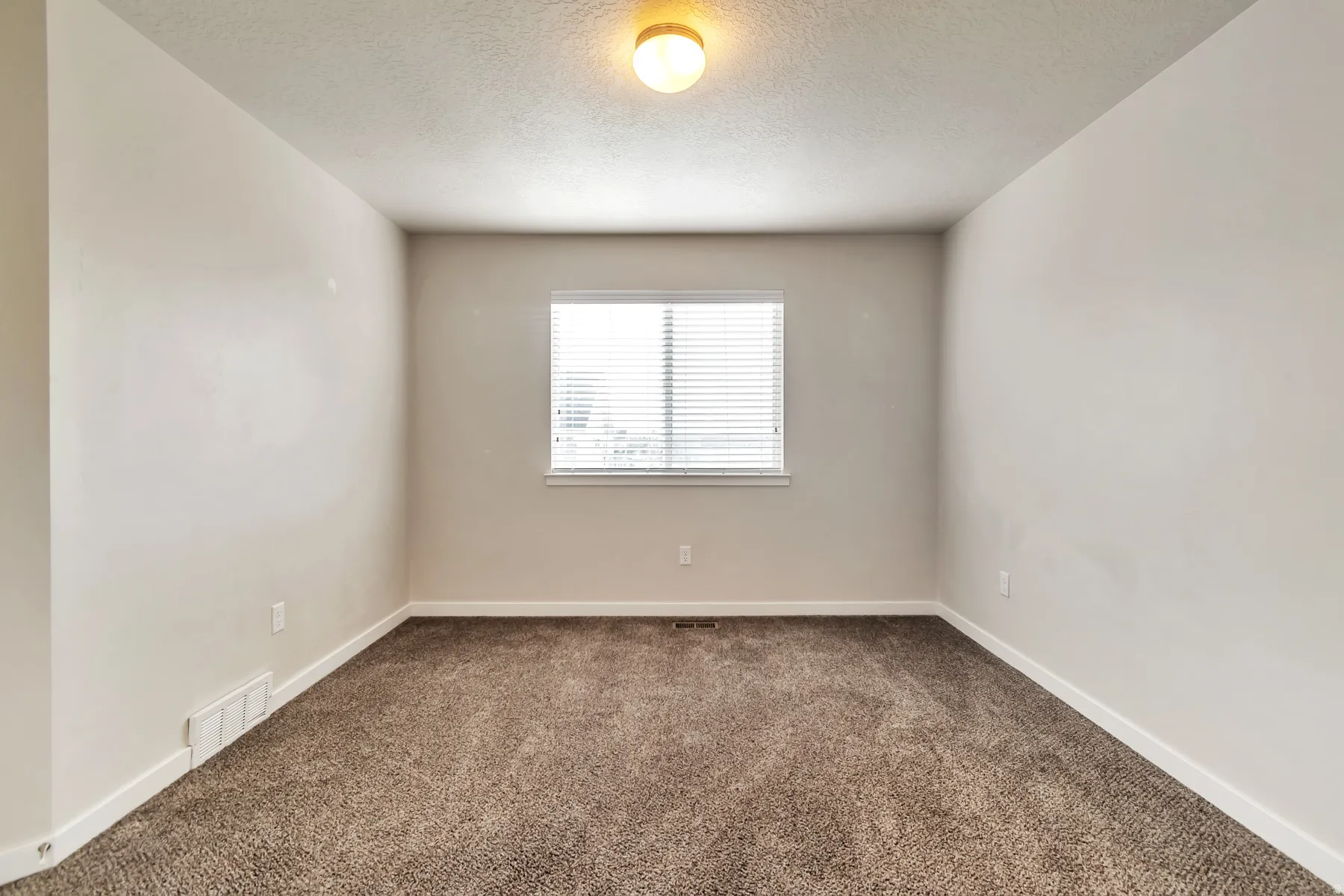 Neutral-toned room featuring a single window with blinds, recessed baseboard heating, and textured carpeting