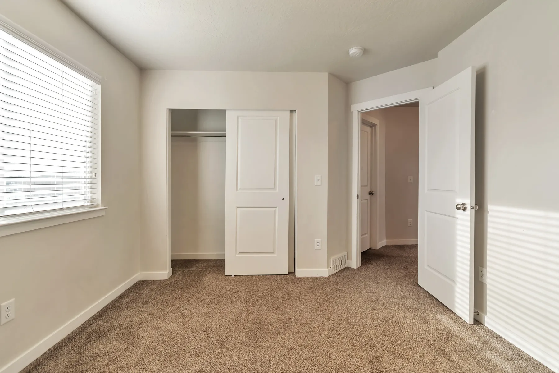 Carpeted interior space featuring a double-pane window with horizontal blinds, a sliding closet door, and a six-panel interior door