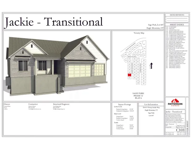 Architectural Plan, Cover Sheet. Presenting the property design, lot information, and square footage details