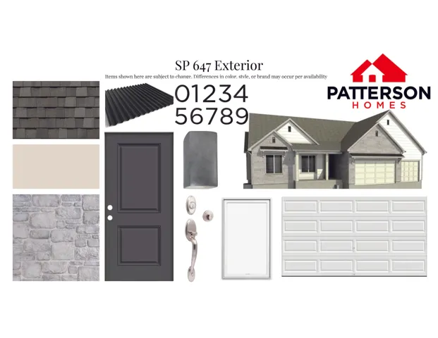 Exterior Finishes Selection. Illustrating material and color choices for the property's exterior elements