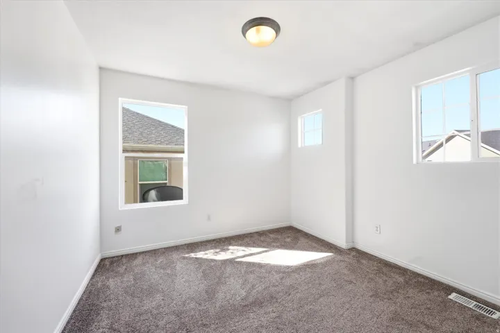 Carpeted room featuring multiple windows, a ceiling-mounted light fixture, and white baseboards