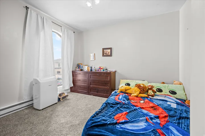 Carpeted room with light gray walls and an arched window