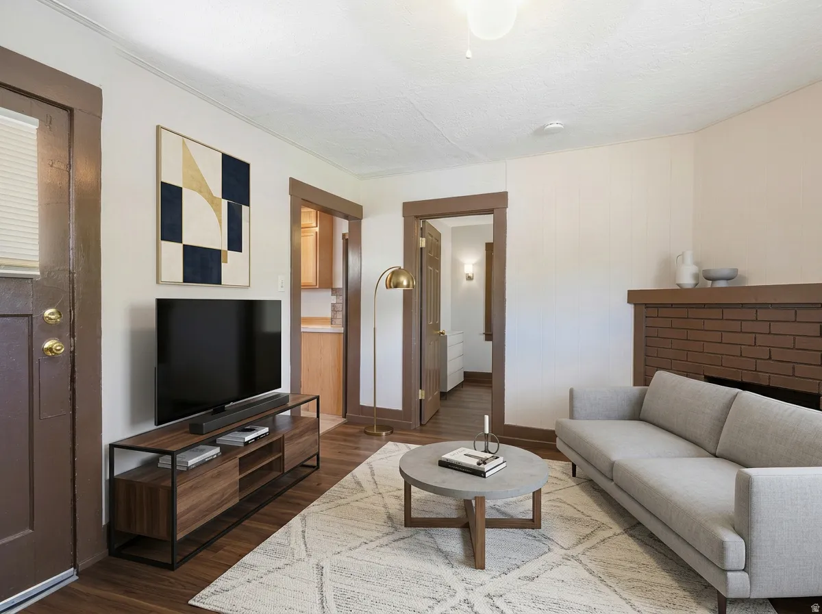 Living area featuring wood-finish flooring, a brick fireplace with a wood mantel, and broad door and window trim
