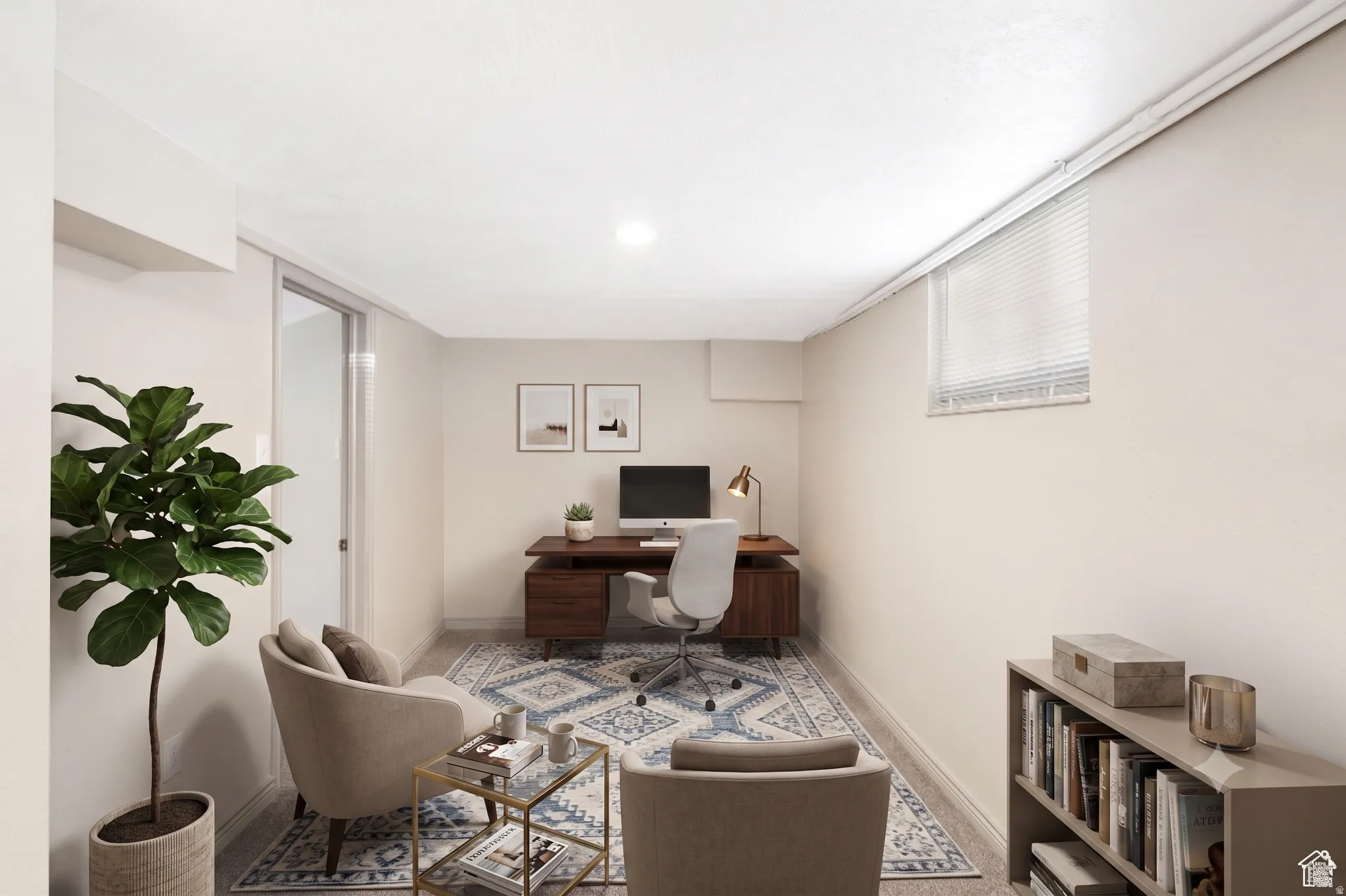 Versatile room featuring light-toned walls, recessed lighting, and a window with horizontal blinds