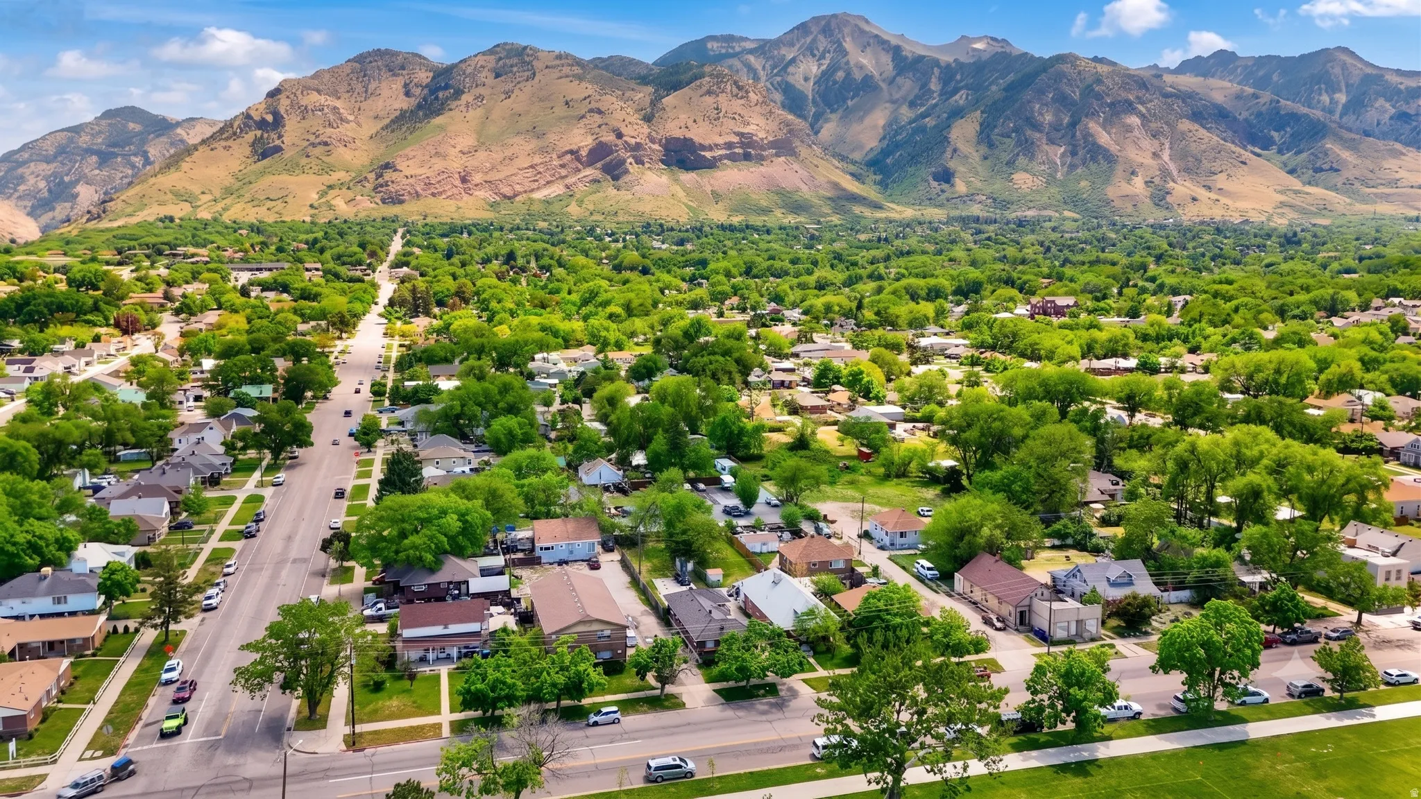 Expansive community featuring residential properties, mature trees, and mountainous terrain