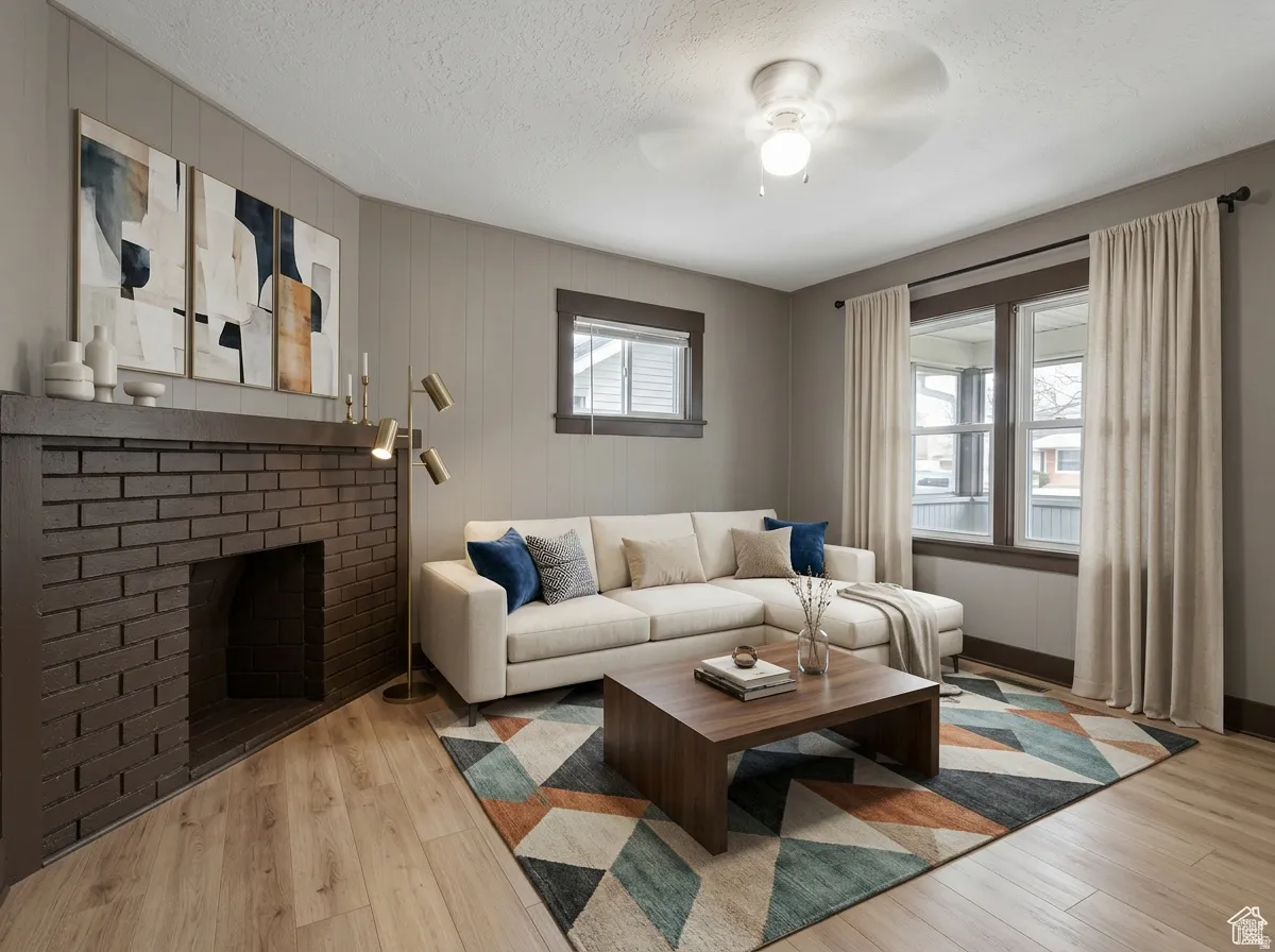 Living area featuring a brick fireplace with a wood mantle, wood-finish flooring, and multiple windows with dark trim