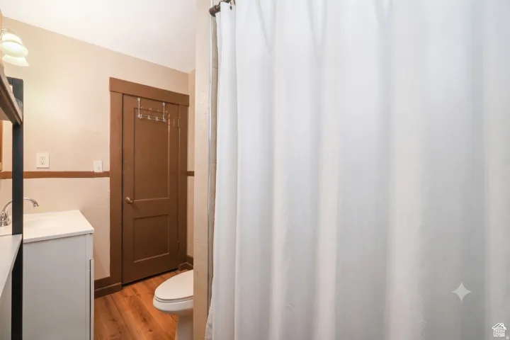 Bathroom featuring wood-finish flooring and a white vanity with an integrated sink