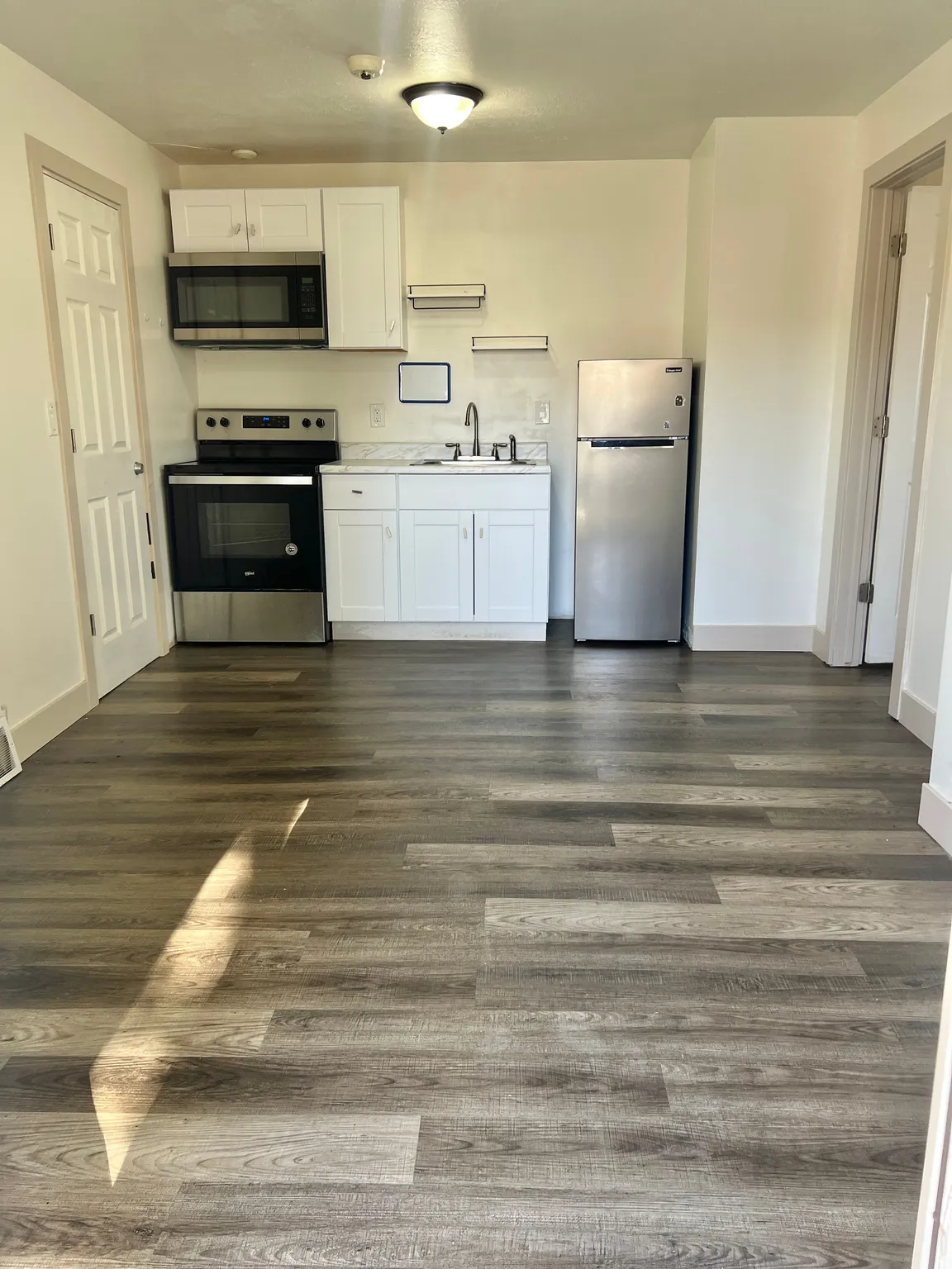 Kitchenette featuring white cabinetry, stainless steel appliances, wood-finish flooring, and a ceiling-mounted light fixture