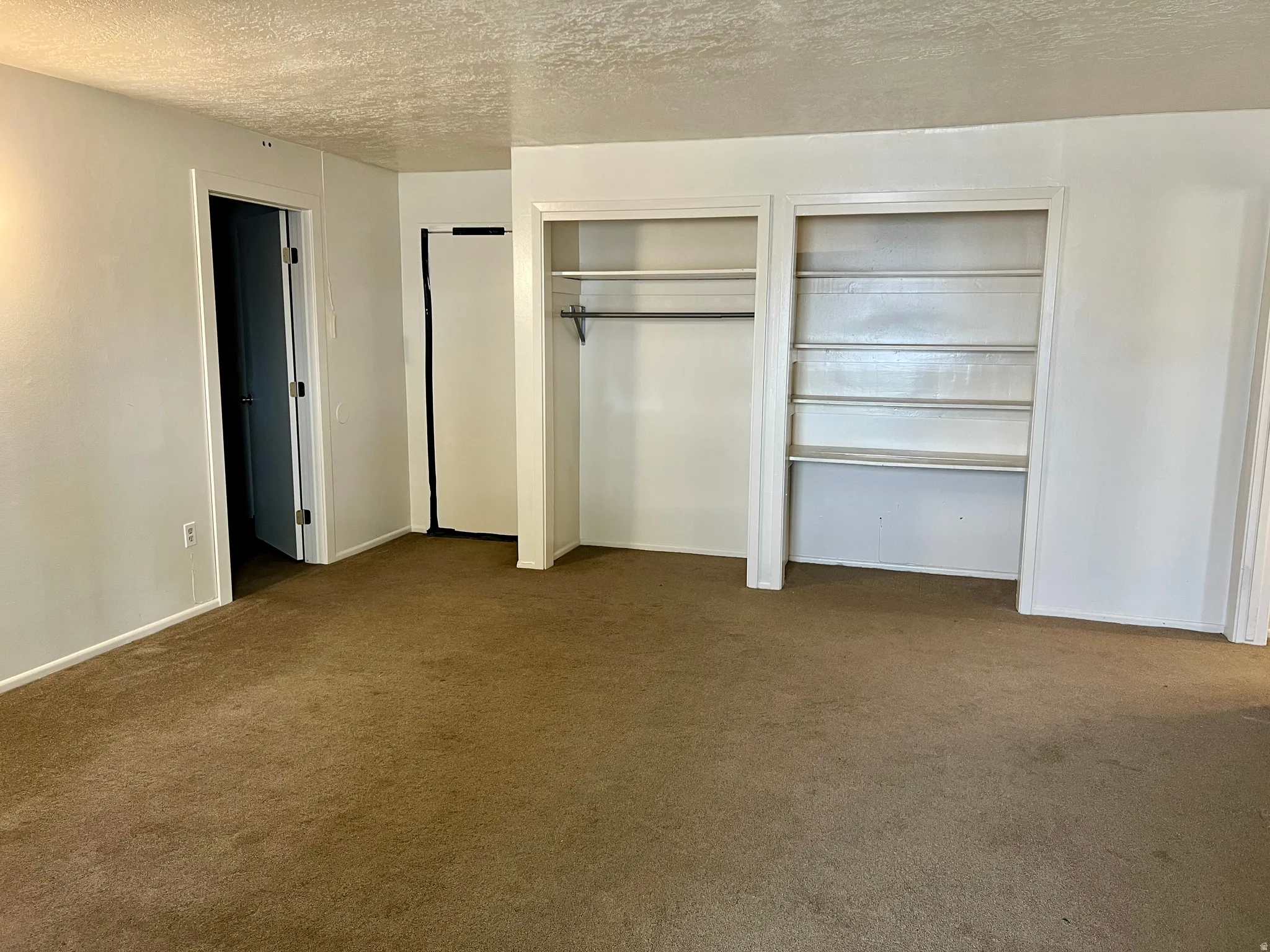 Carpeted room with white walls, featuring a built-in shelving unit, a closet with a hanging rod, and a hinged door