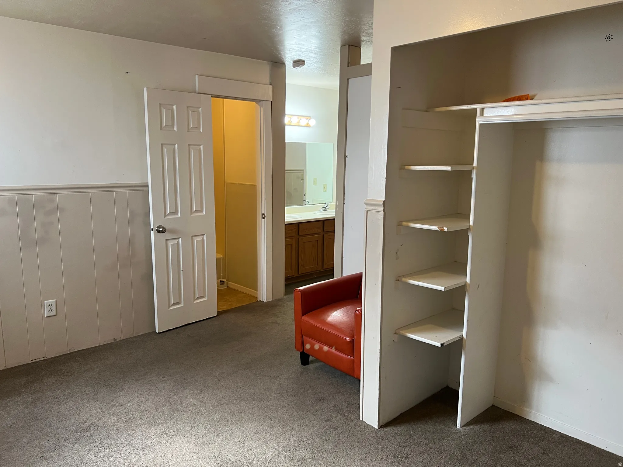 Carpeted interior space featuring white paneled wainscoting, an integrated open closet with shelving, and a six-panel interior door