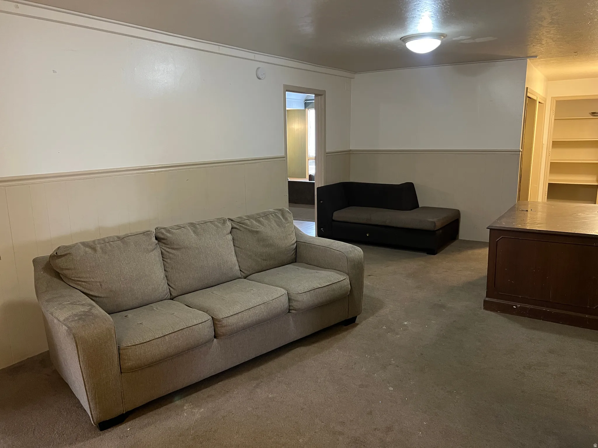 Carpeted interior space featuring two-tone walls with wainscoting and crown molding, and a flush mount ceiling light fixture