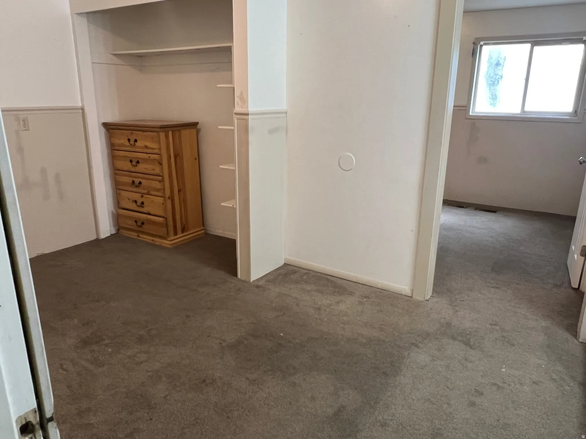Carpeted room featuring a built-in closet with shelving and a window providing natural light