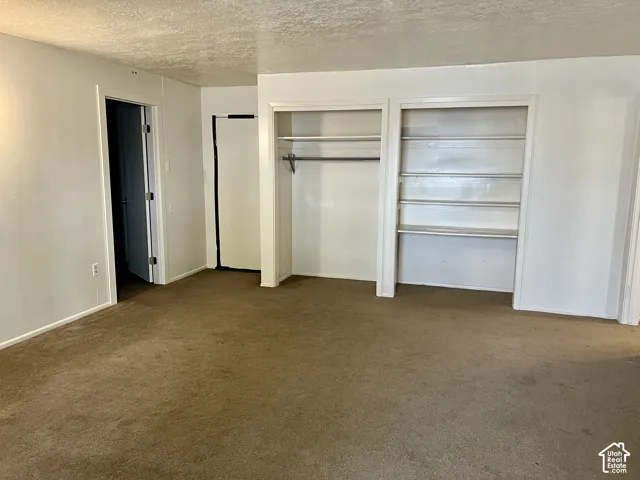 Carpeted room with white walls, featuring a built-in shelving unit, a closet with a hanging rod, and a hinged door
