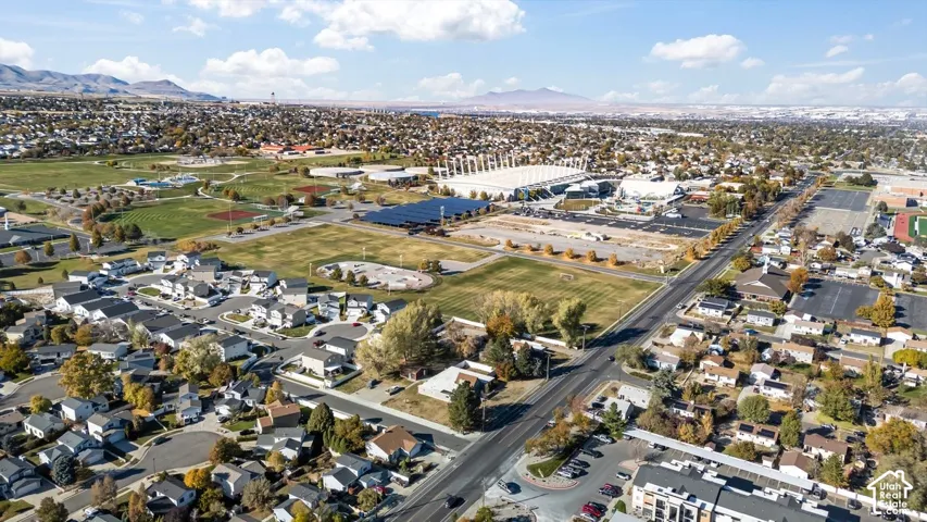 Aerial perspective showcasing a residential neighborhood with varied housing styles