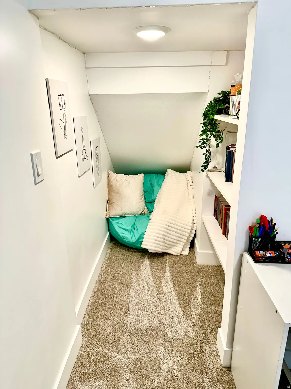 Nook featuring built-in shelving, recessed lighting, and carpet flooring