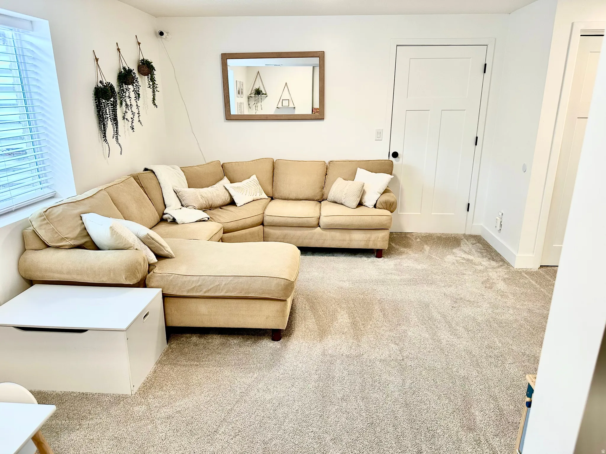 Carpeted floor with baseboards and a three-panel door