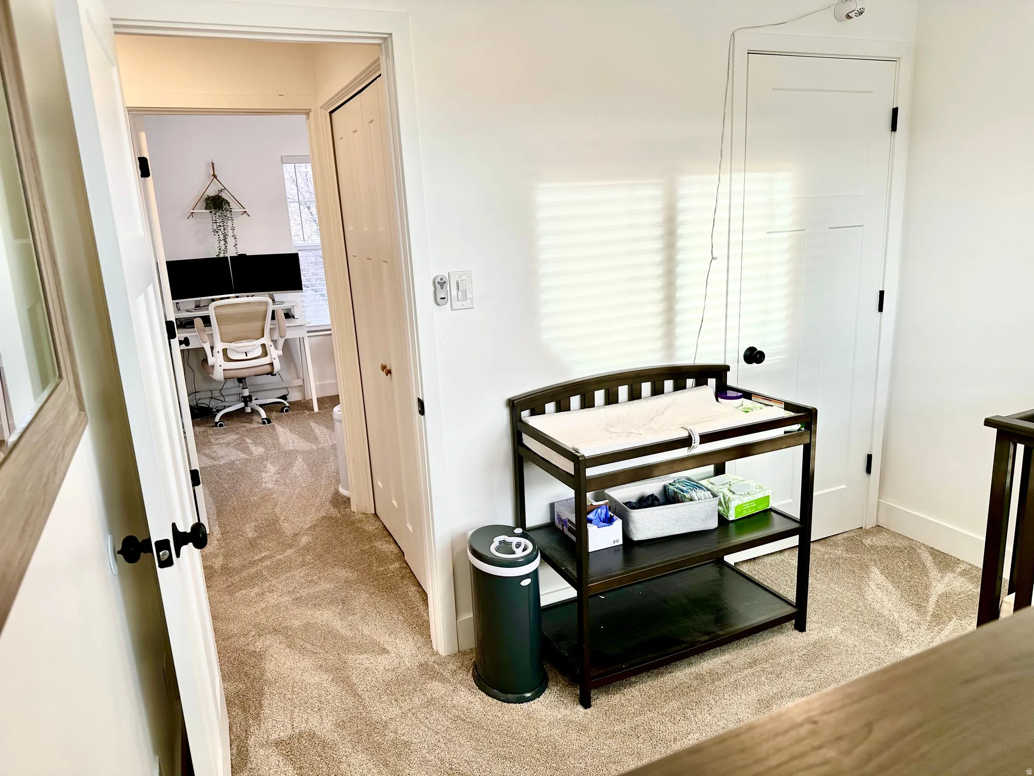 Carpeted hallway with white walls and trim, featuring a solid white door with a black doorknob