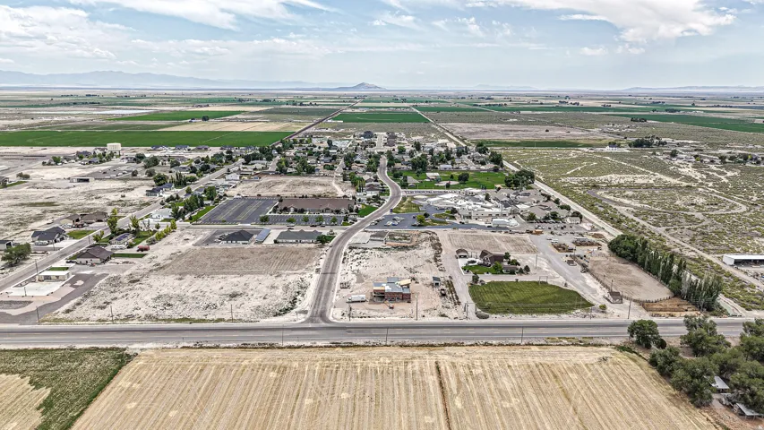 Aerial perspective showcasing a developing community with established residential areas and undeveloped land parcels