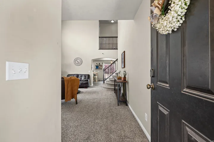 Inviting entry hall featuring a dark-paneled door with brass hardware, neutral wall tones, and textured carpeting