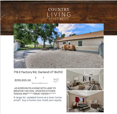 Real Estate Listing. Displaying exterior and interior property images with key specifications and a descriptive summary