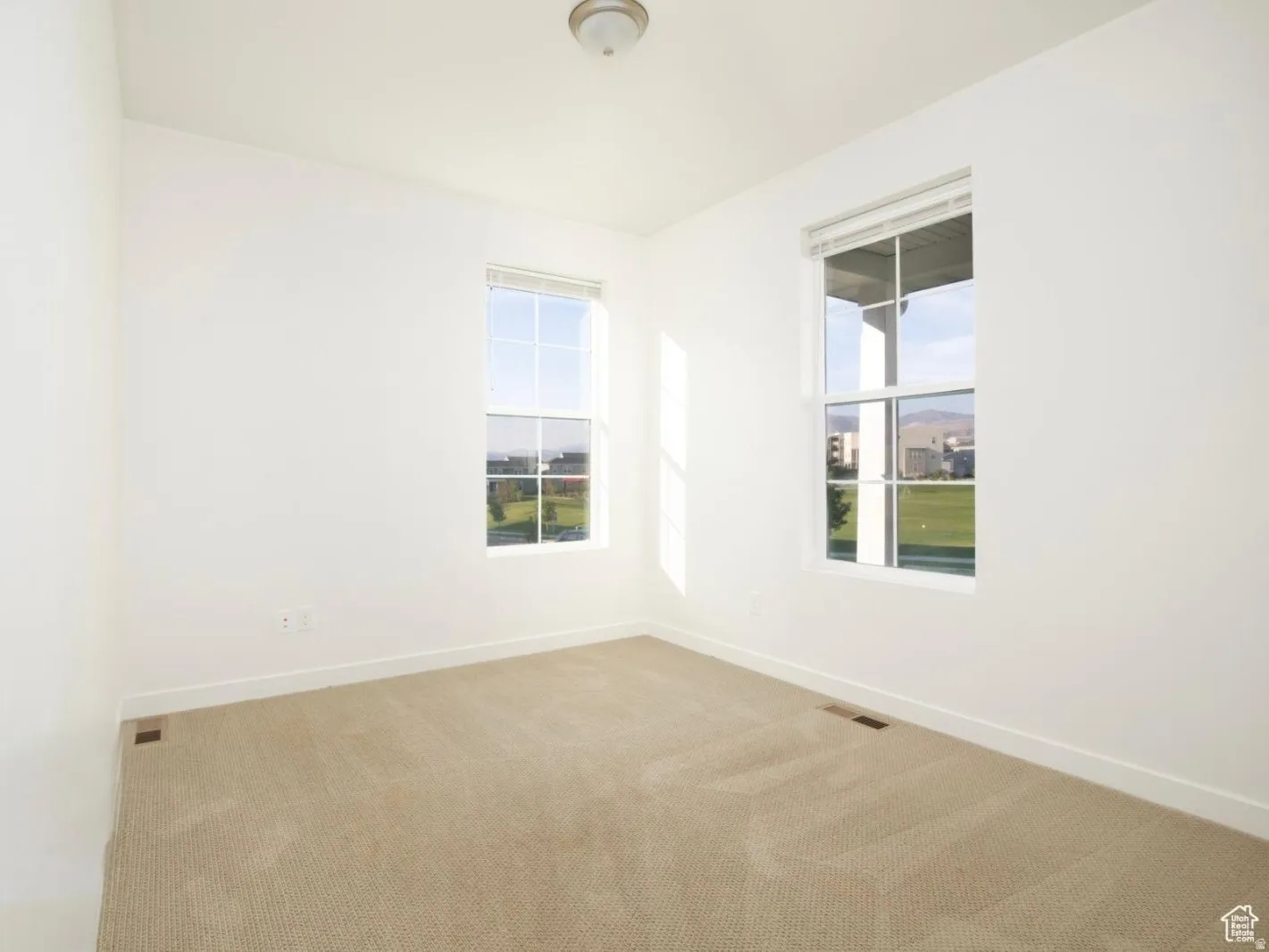 Bright room featuring two large sash windows with white frames, neutral beige carpet, white baseboards, and a flush-mount ceiling light fixture