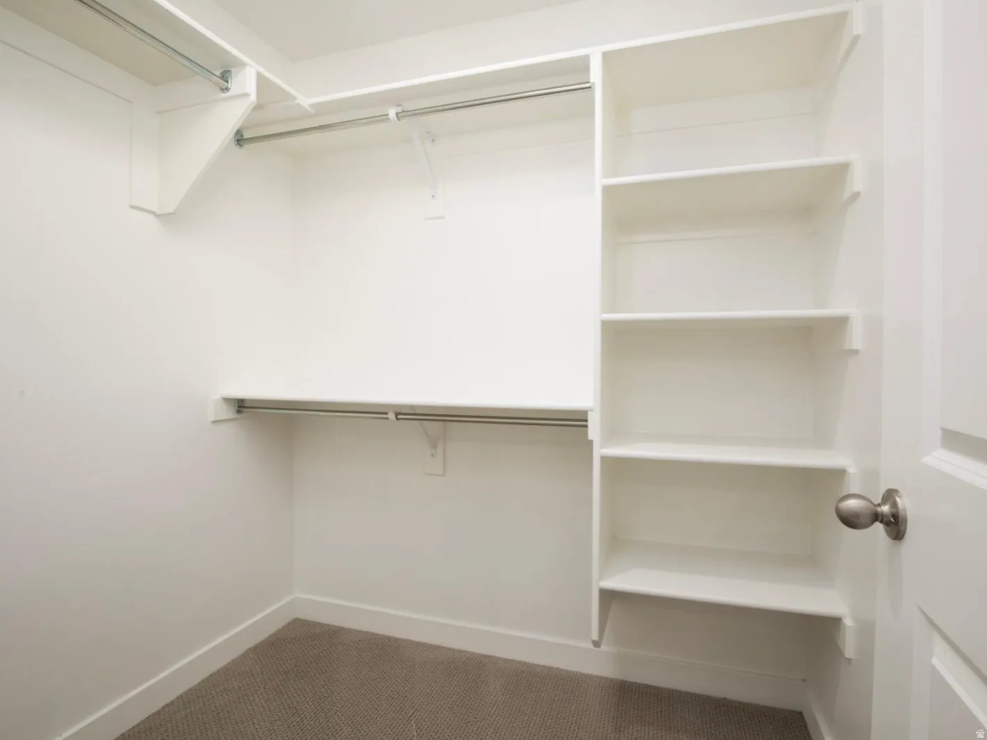 Walk-in closet featuring built-in shelving, multiple hanging rods, and neutral-toned carpeting