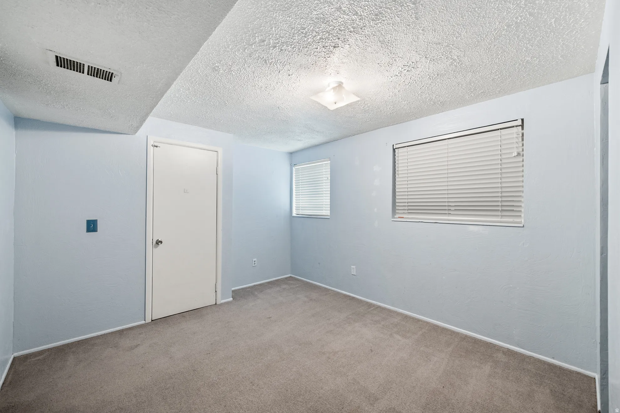 Carpeted room with light blue walls, two windows featuring white blinds, and a white interior door