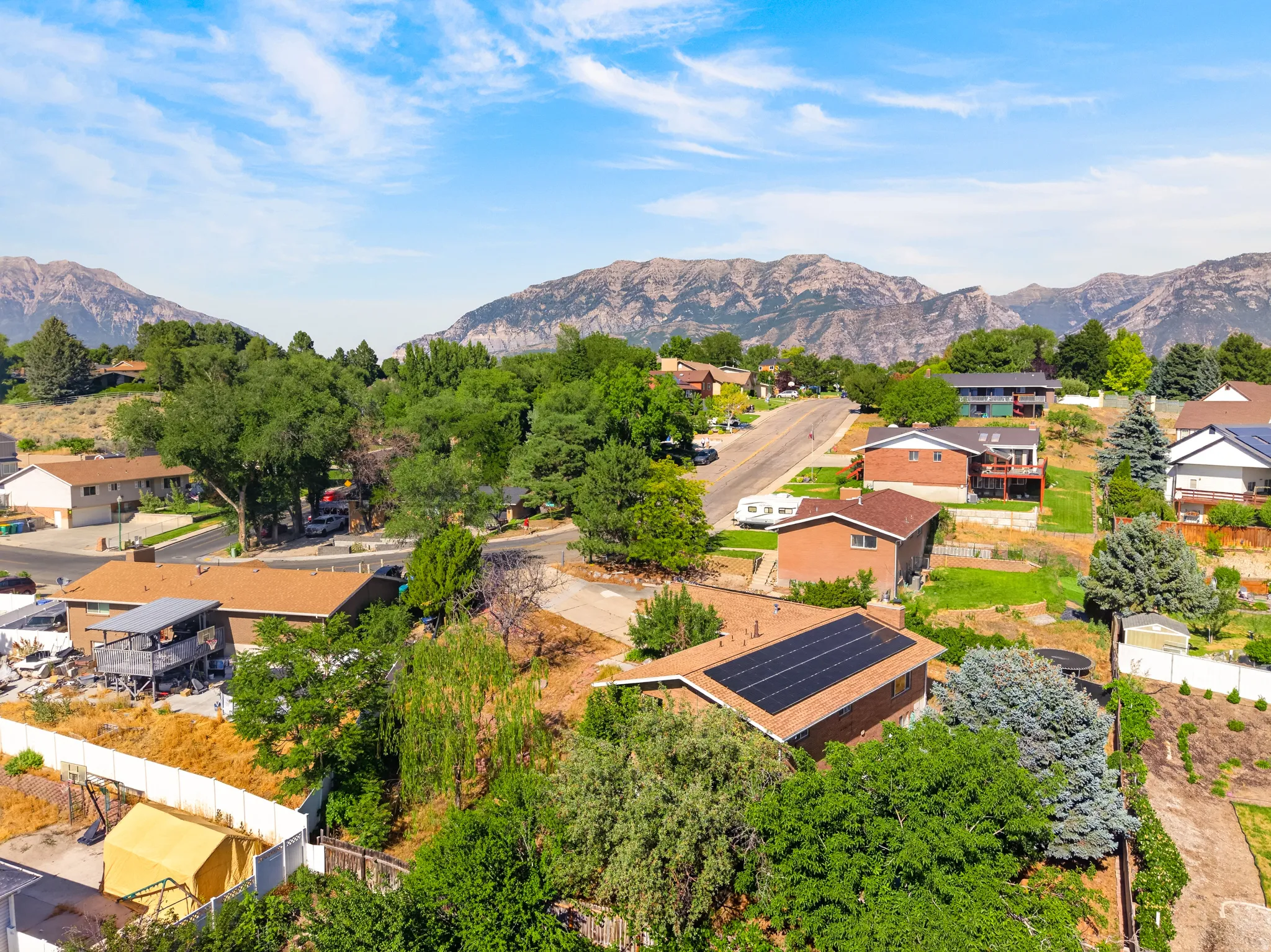 Residential street with mature trees and mountain scenery