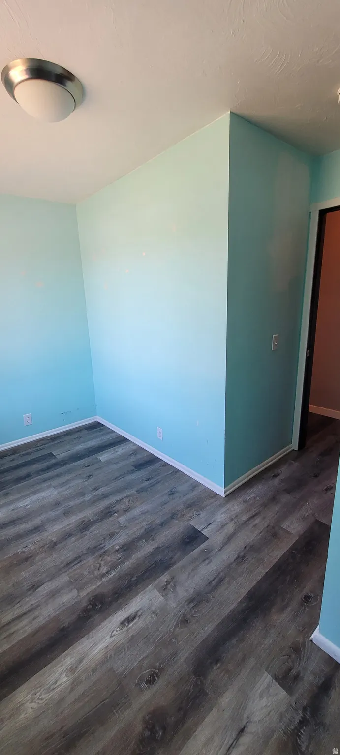 Room featuring wood-finish flooring, light blue walls, white baseboards, and a flush-mount ceiling light