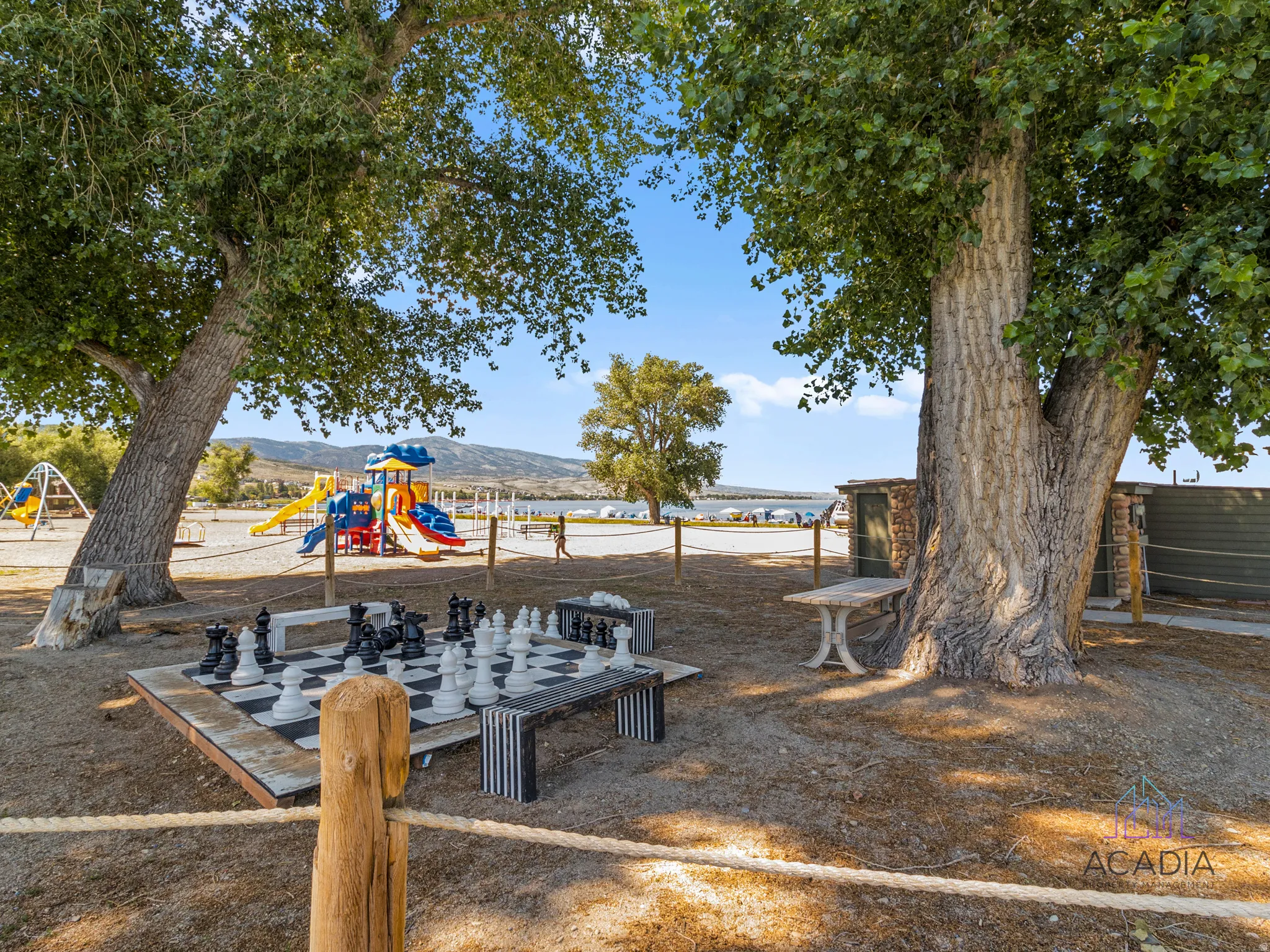 Outdoor recreation area featuring a large-scale chess set, two mature trees, and a children's playground